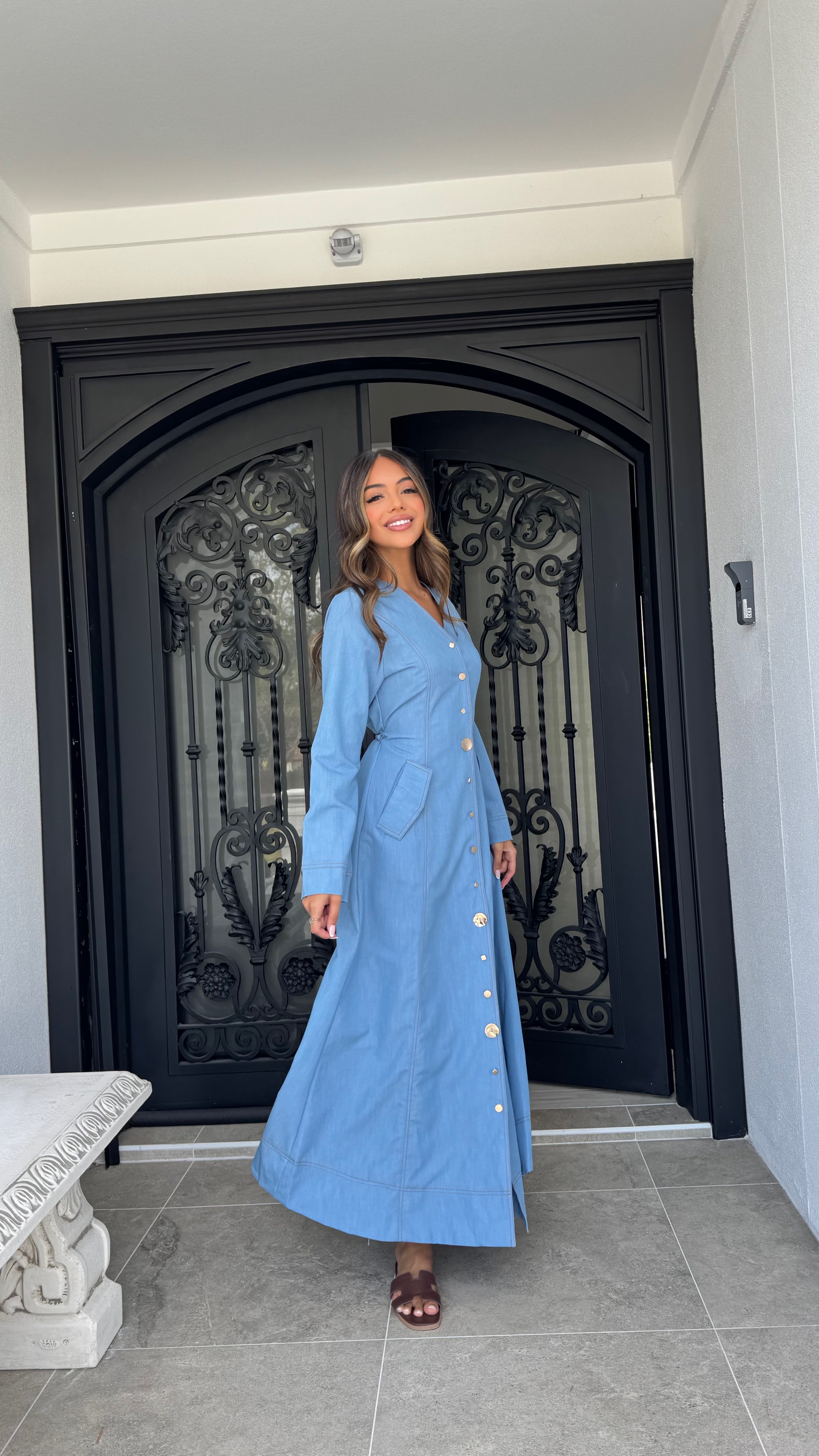 Gold button Denim maxi