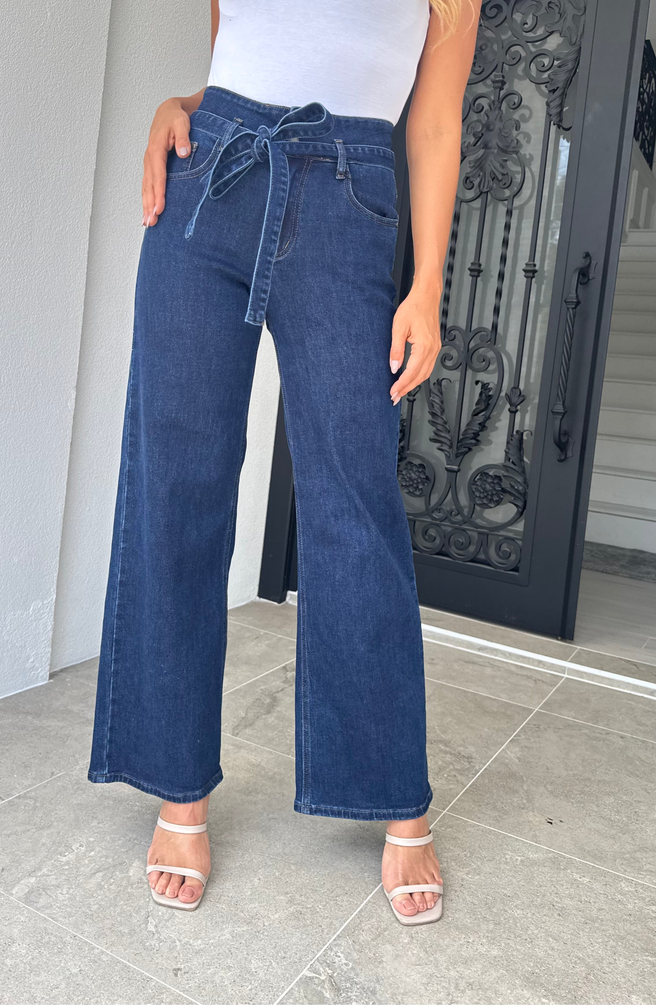Indigo tie wide leg jean