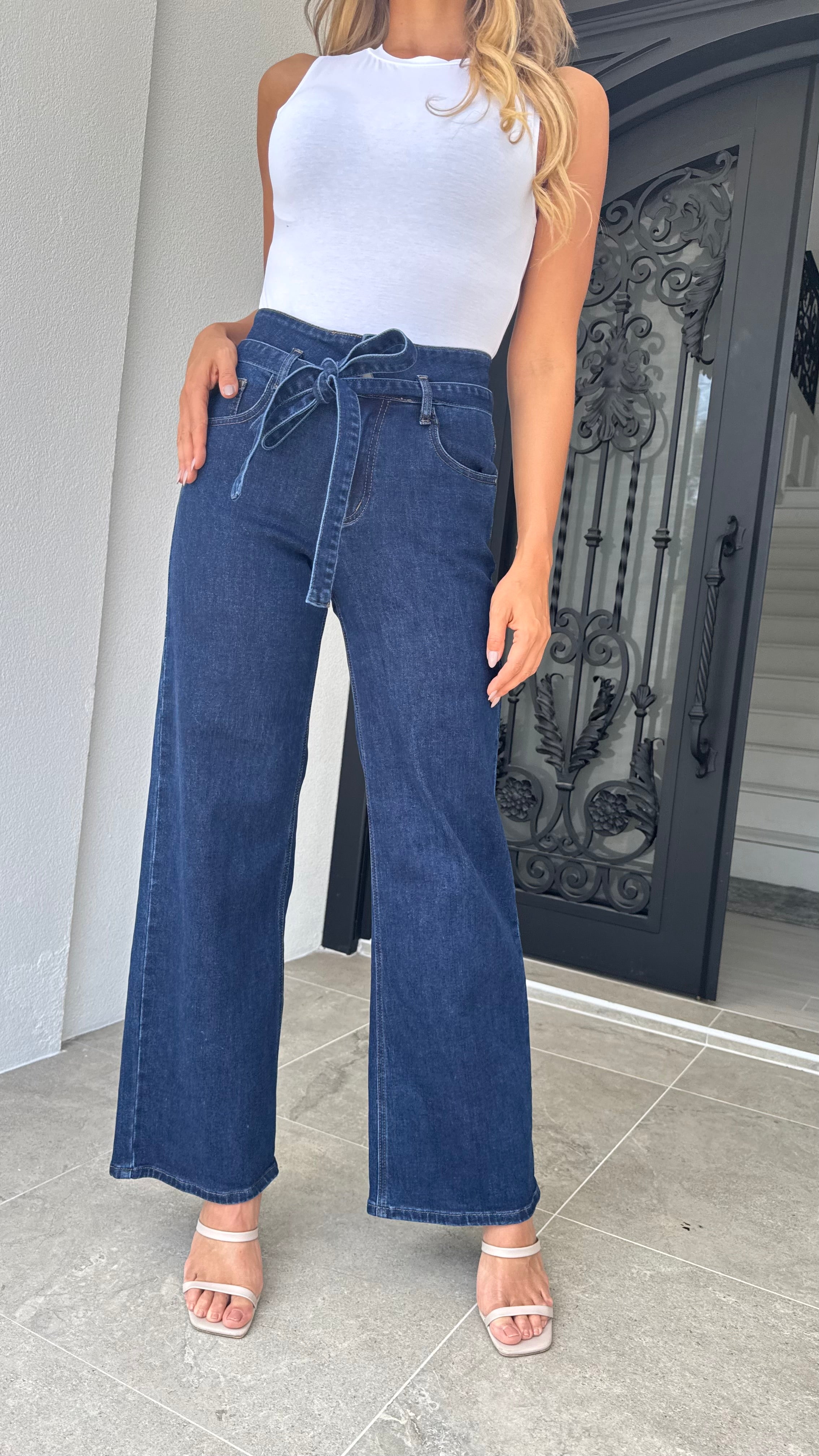Indigo tie wide leg jean