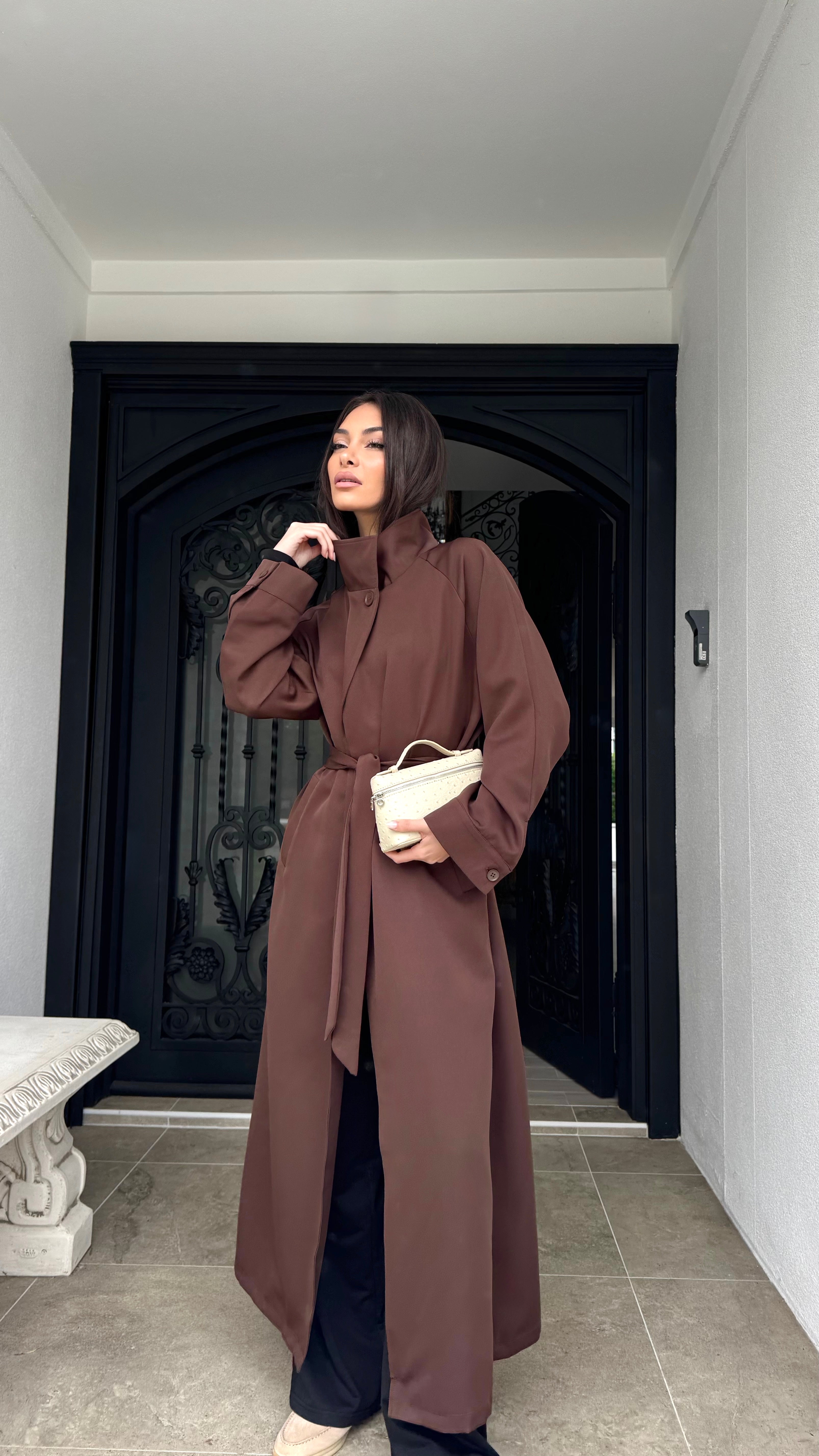 Funnel neck trench coat