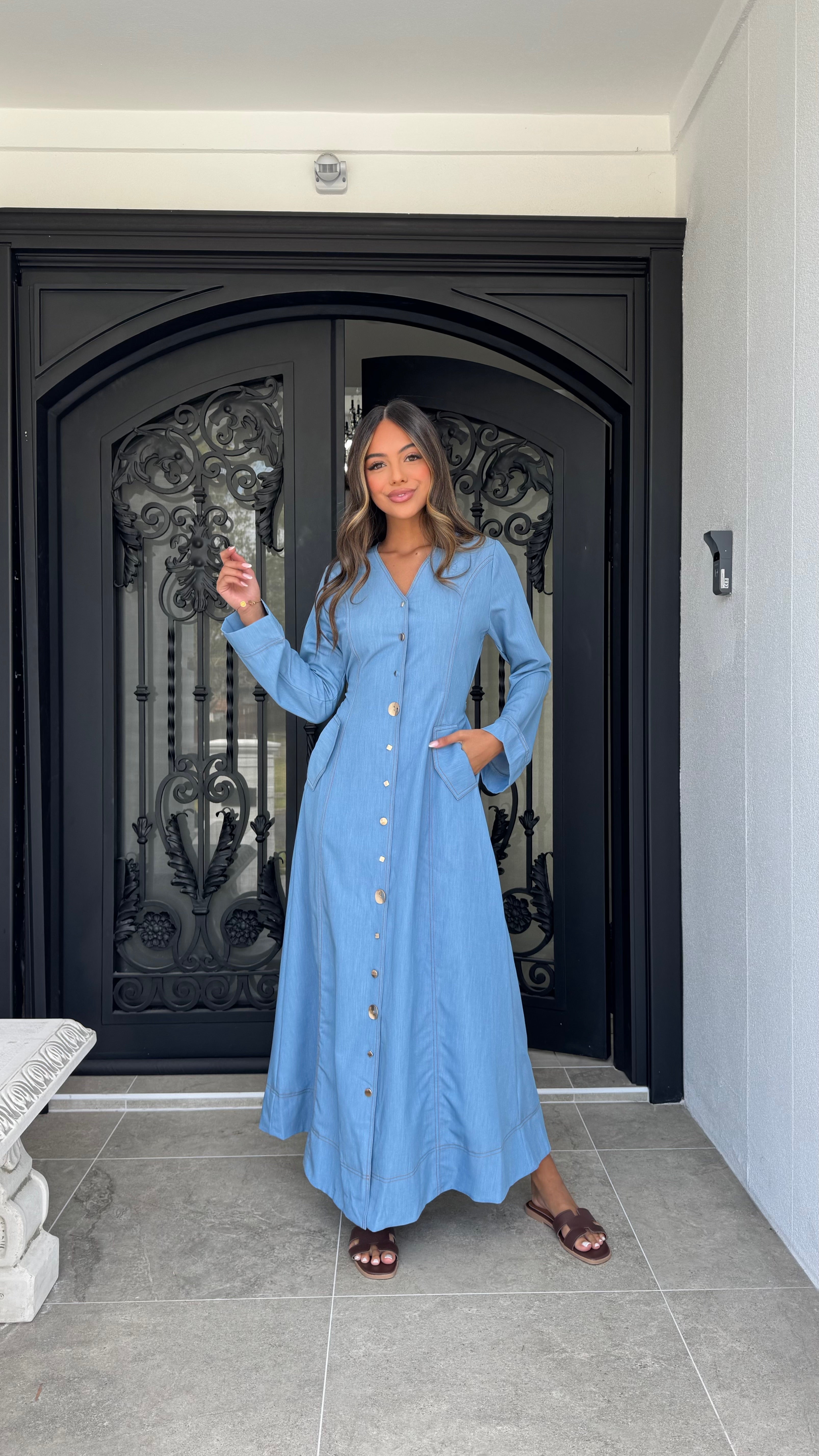 Gold button Denim maxi