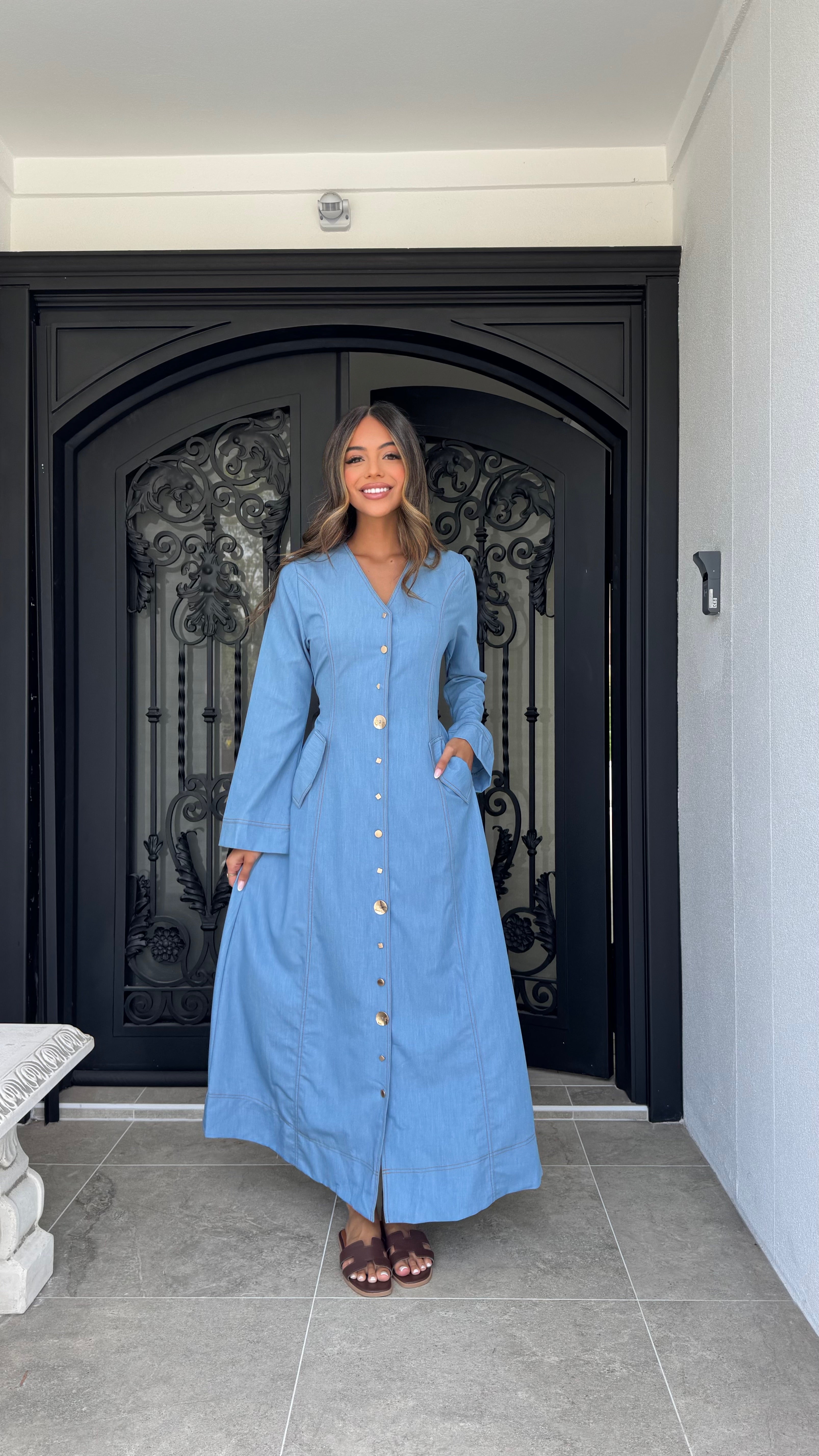 Gold button Denim maxi